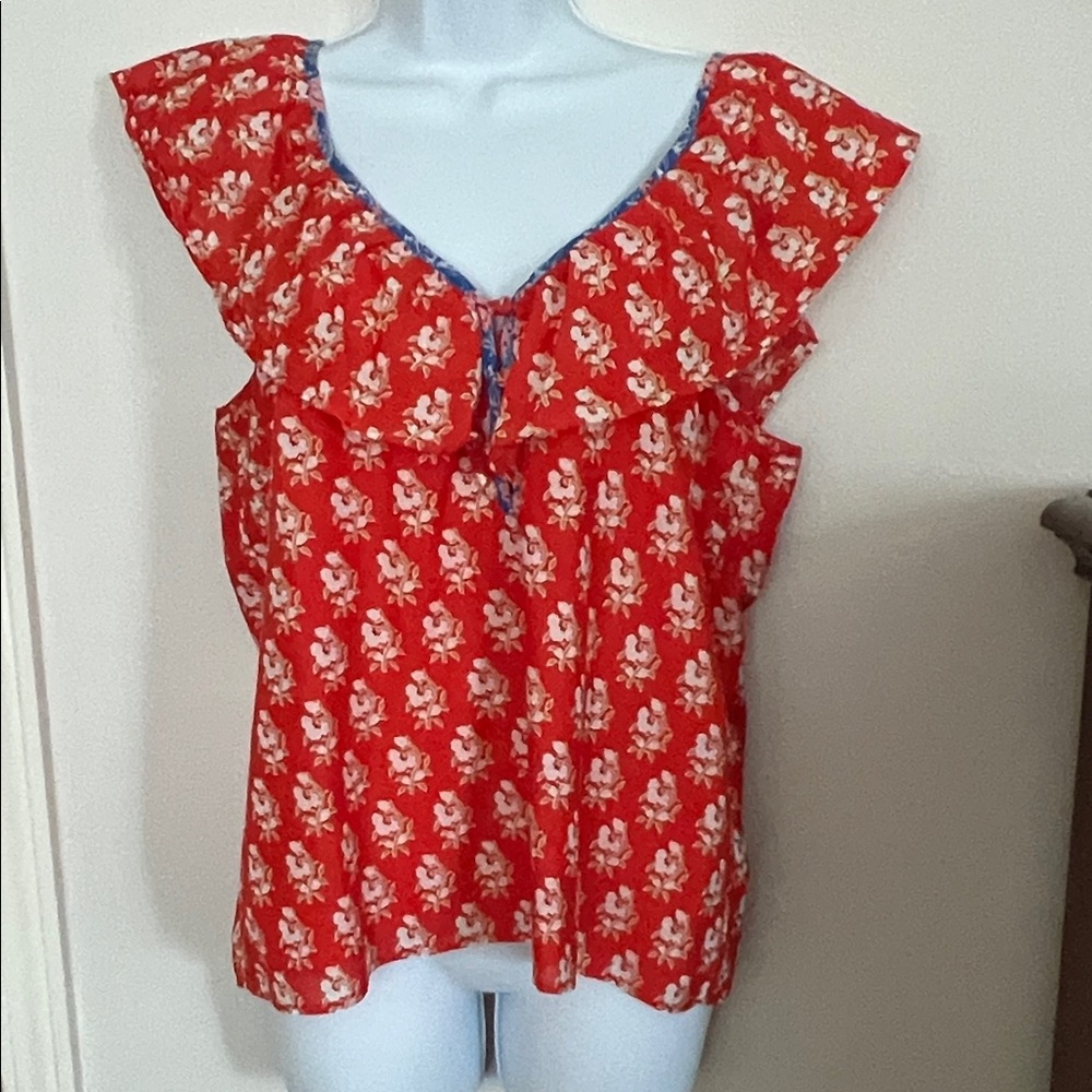 J. Crew Red Floral Ruffle Sleeve V-Neck Blouse